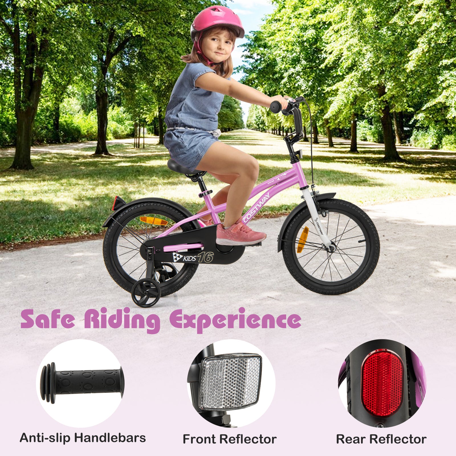 16 Inch Kids Bike Adjustable with Removable Training Wheels for Aged 4-7-Purple