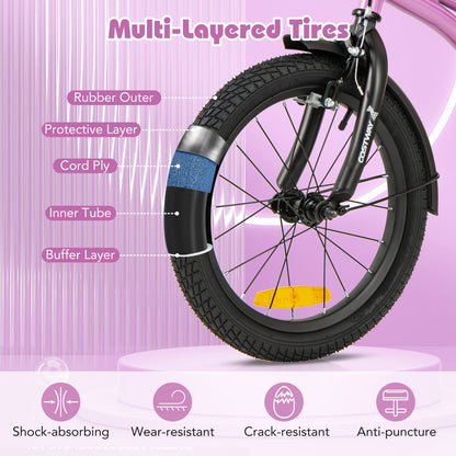 16 Inch Kids Bike Adjustable with Removable Training Wheels for Aged 4-7-Purple