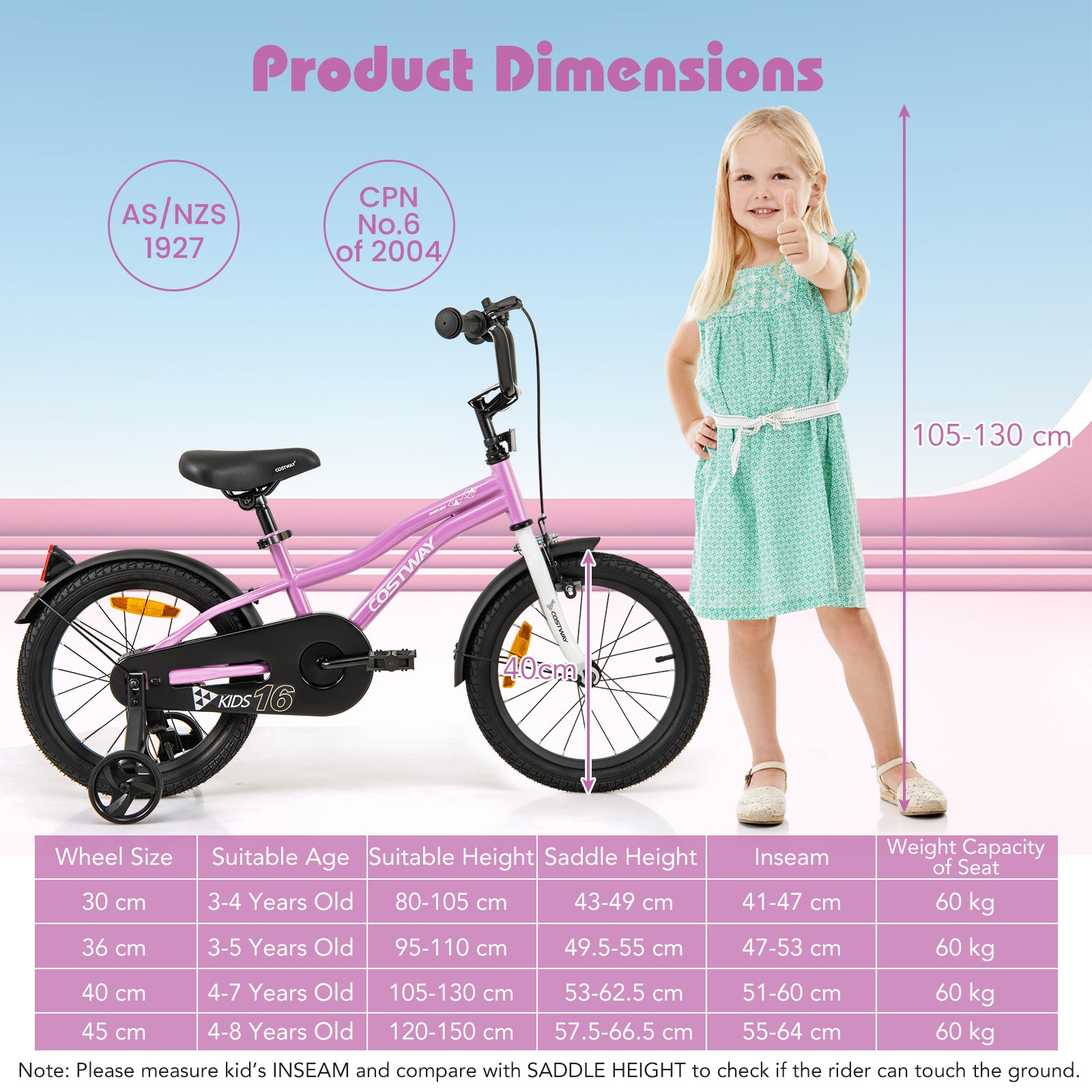 16 Inch Kids Bike Adjustable with Removable Training Wheels for Aged 4-7-Purple