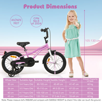 16 Inch Kids Bike Adjustable with Removable Training Wheels for Aged 4-7-Purple