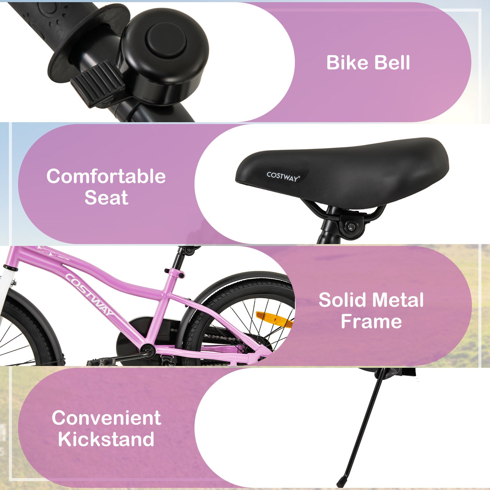 18 Inch Kids Bike Adjustable with Removable Training Wheels for Aged 4-8-Purple