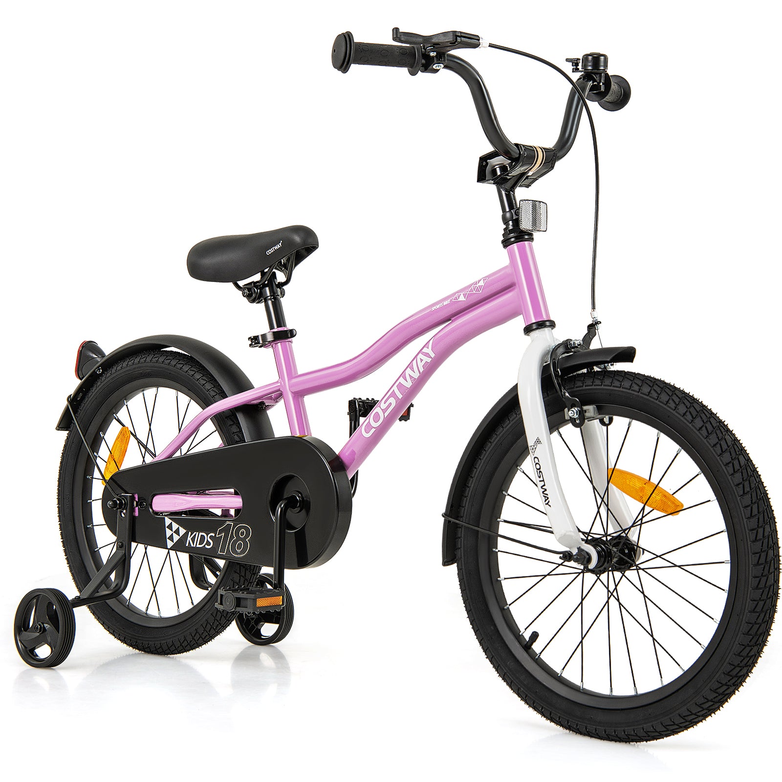 18 Inch Kids Bike Adjustable with Removable Training Wheels for Aged 4-8-Purple