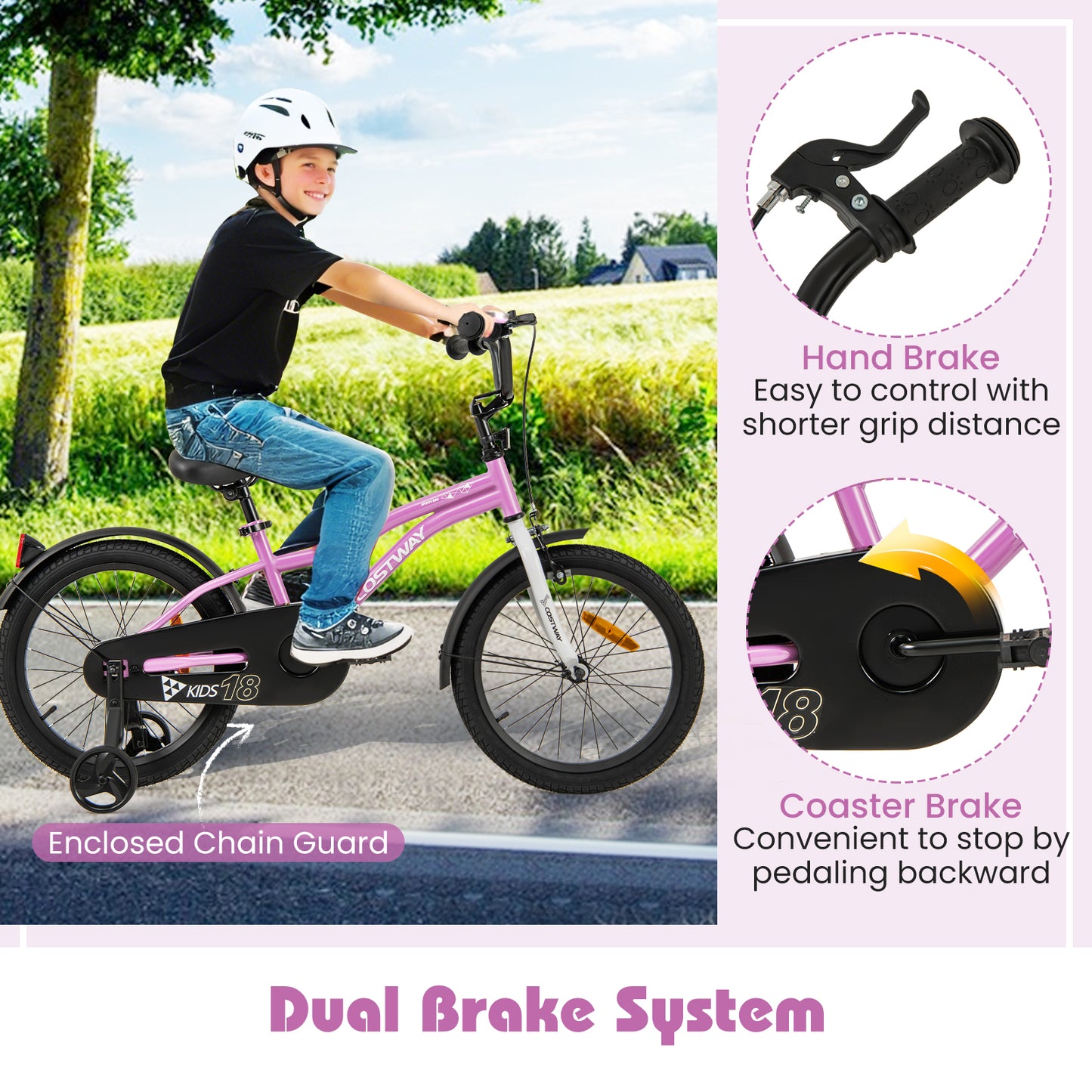 18 Inch Kids Bike Adjustable with Removable Training Wheels for Aged 4-8-Purple