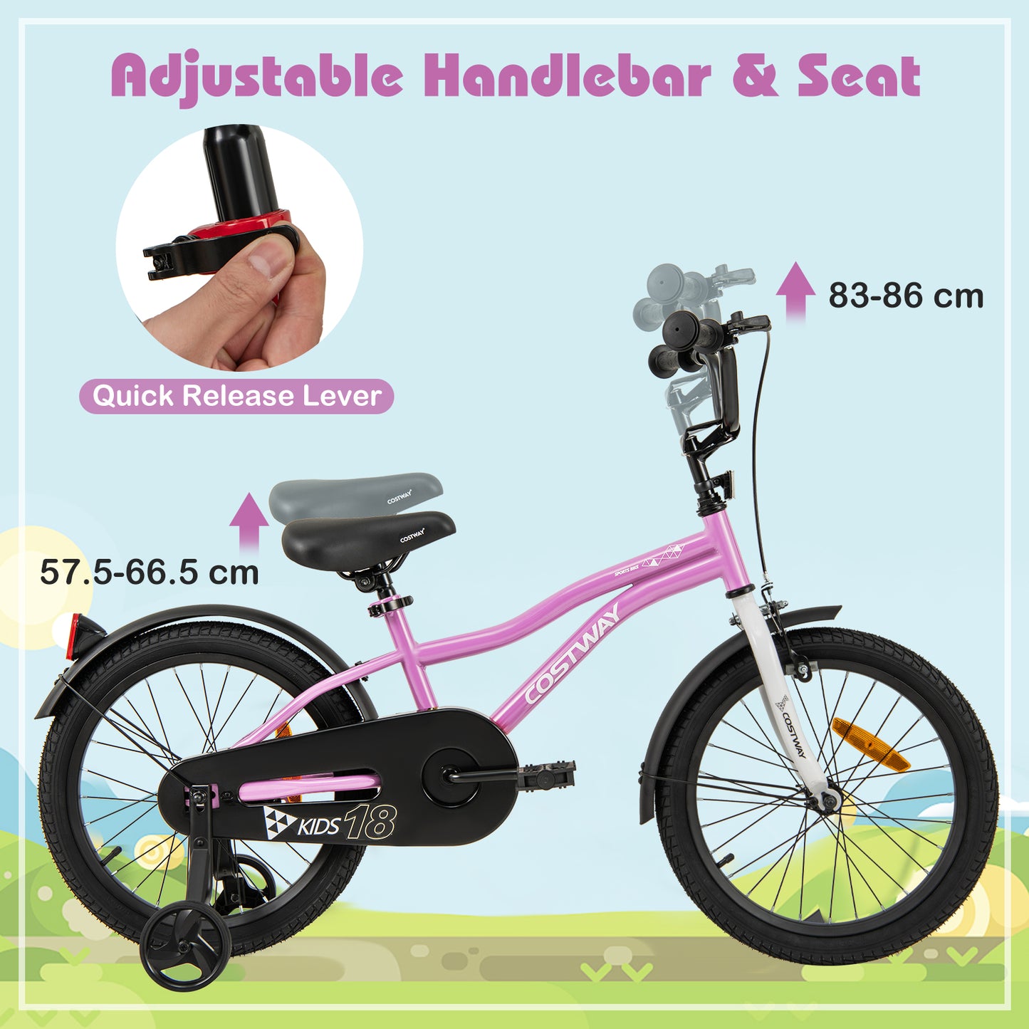 18 Inch Kids Bike Adjustable with Removable Training Wheels for Aged 4-8-Purple