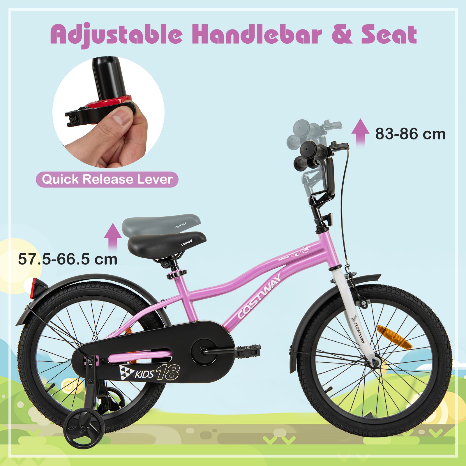 18 Inch Kids Bike Adjustable with Removable Training Wheels for Aged 4-8-Purple