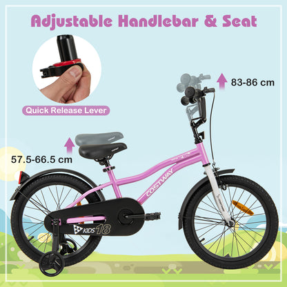 18 Inch Kids Bike Adjustable with Removable Training Wheels for Aged 4-8-Purple