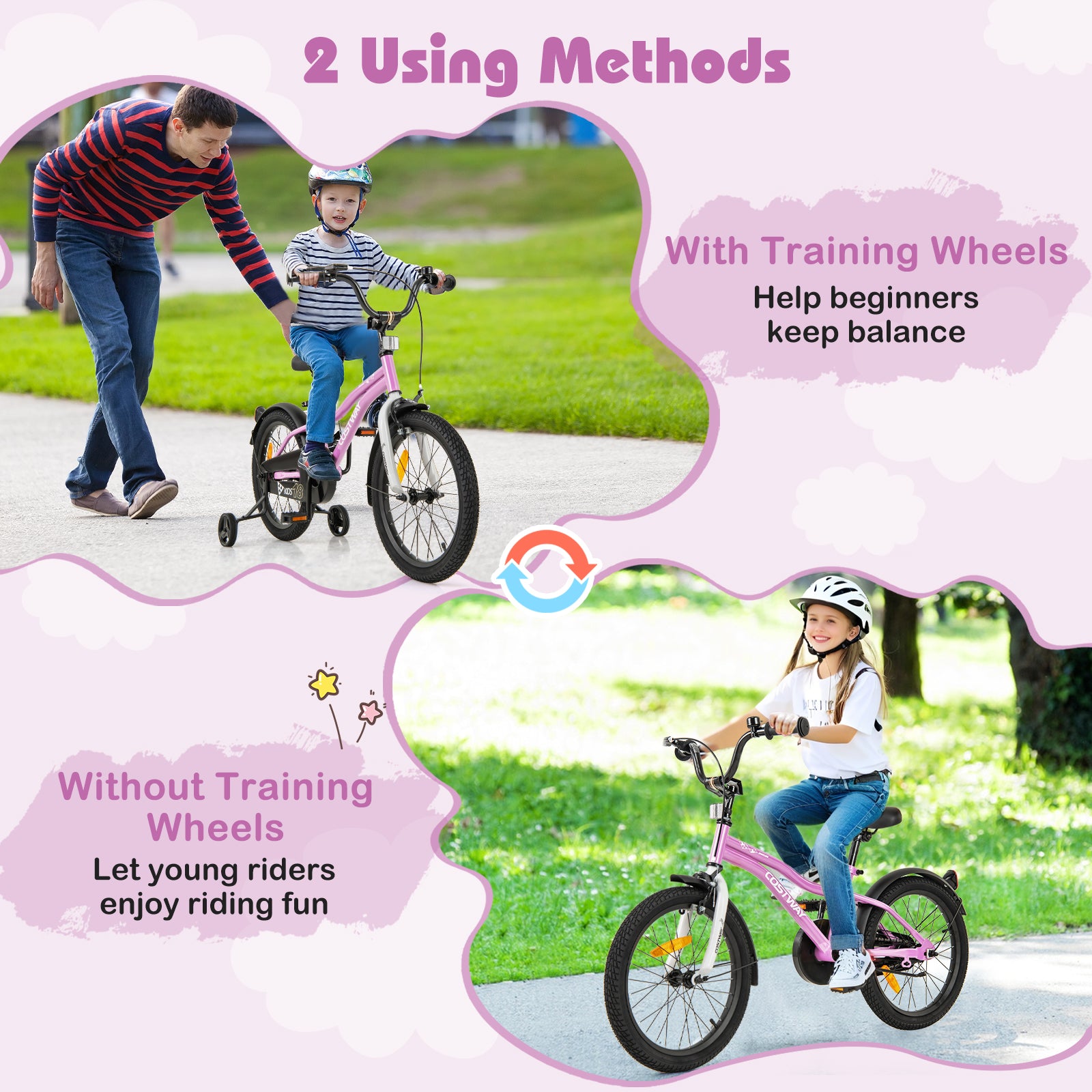 18 Inch Kids Bike Adjustable with Removable Training Wheels for Aged 4-8-Purple
