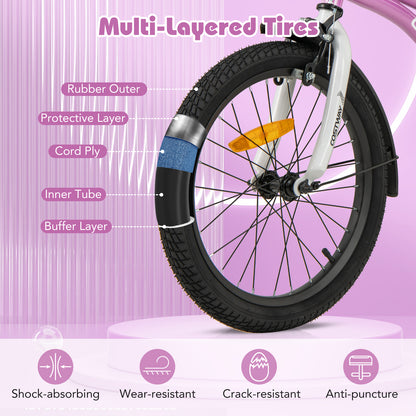 18 Inch Kids Bike Adjustable with Removable Training Wheels for Aged 4-8-Purple