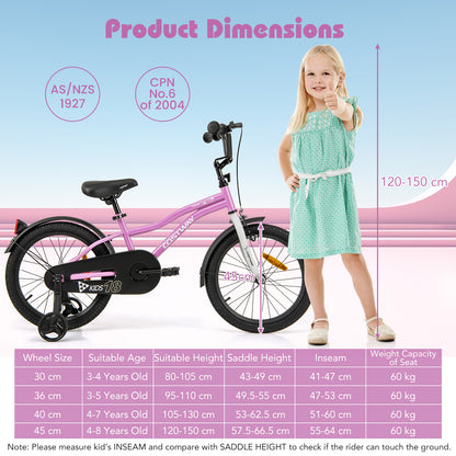 18 Inch Kids Bike Adjustable with Removable Training Wheels for Aged 4-8-Purple