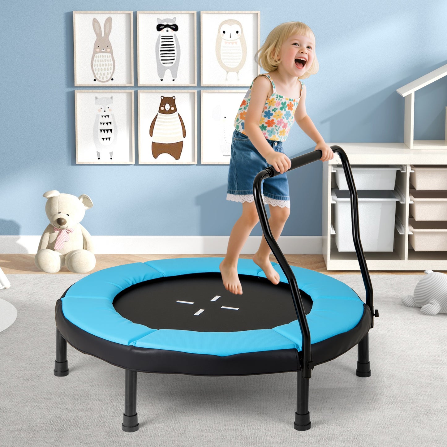 Kids Fitness Trampoline with Foam Handlebar and Safety Pad for 3-6 Years Old Toddlers-Blue