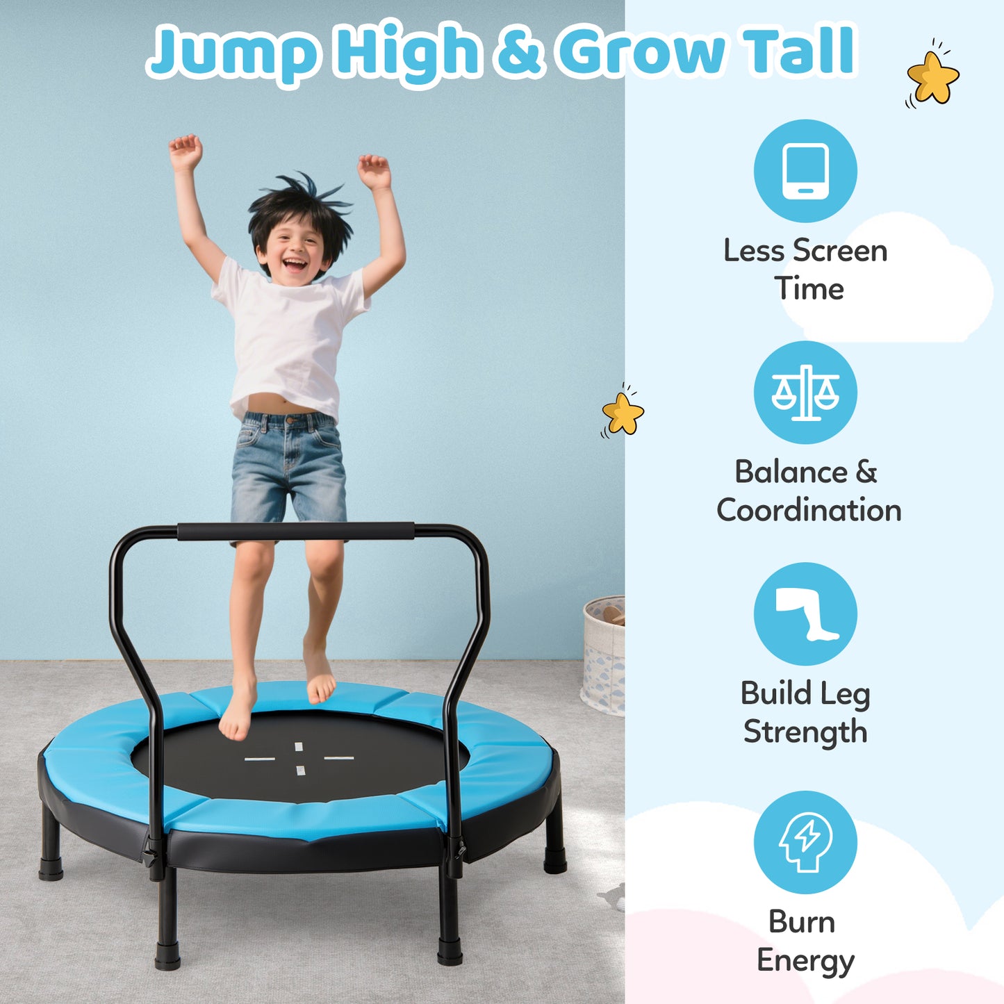 Kids Fitness Trampoline with Foam Handlebar and Safety Pad for 3-6 Years Old Toddlers-Blue