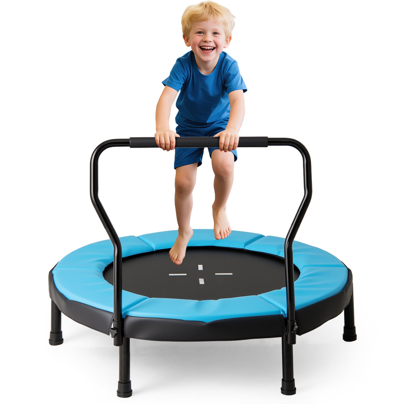 Kids Fitness Trampoline with Foam Handlebar and Safety Pad for 3-6 Years Old Toddlers-Blue