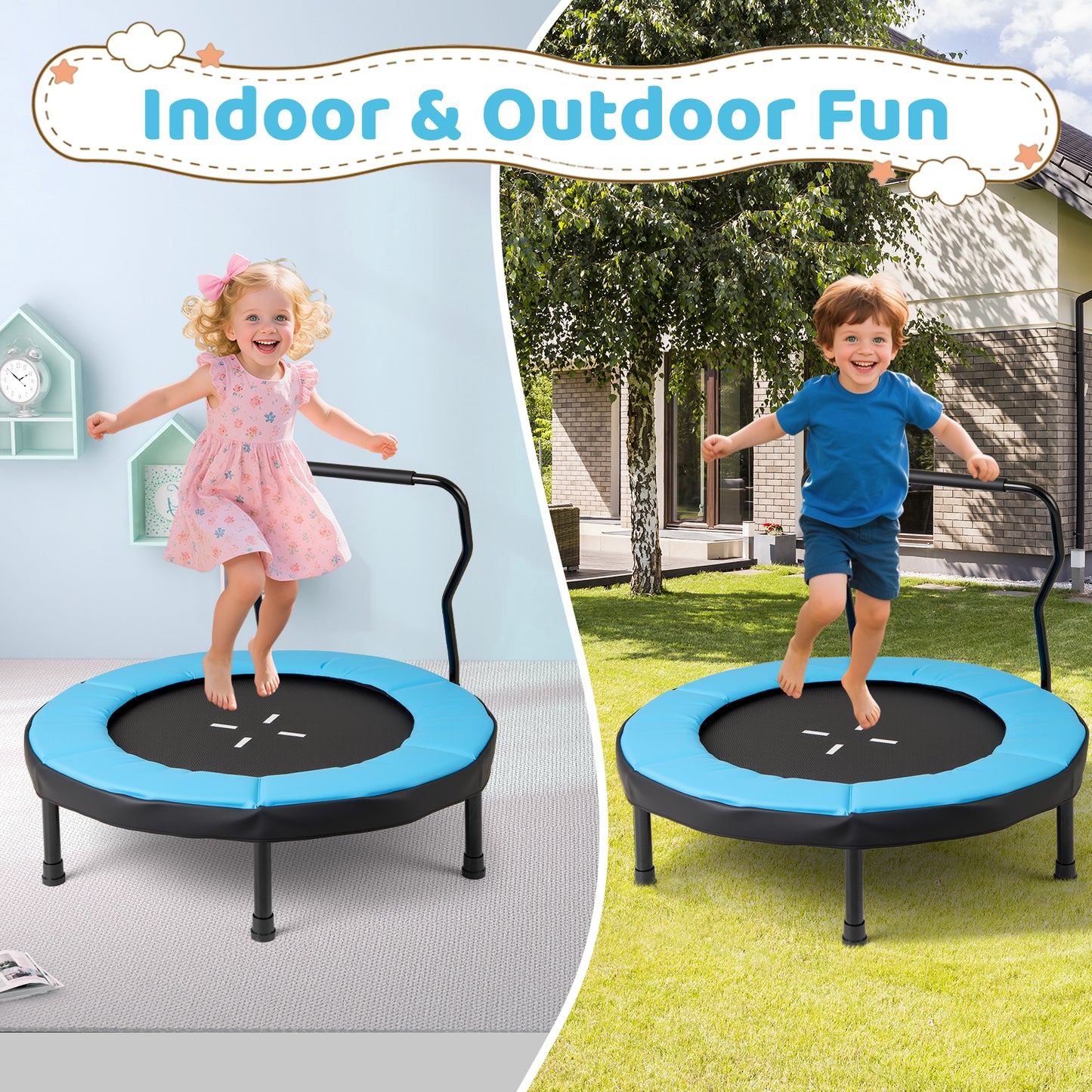 Kids Fitness Trampoline with Foam Handlebar and Safety Pad for 3-6 Years Old Toddlers-Blue
