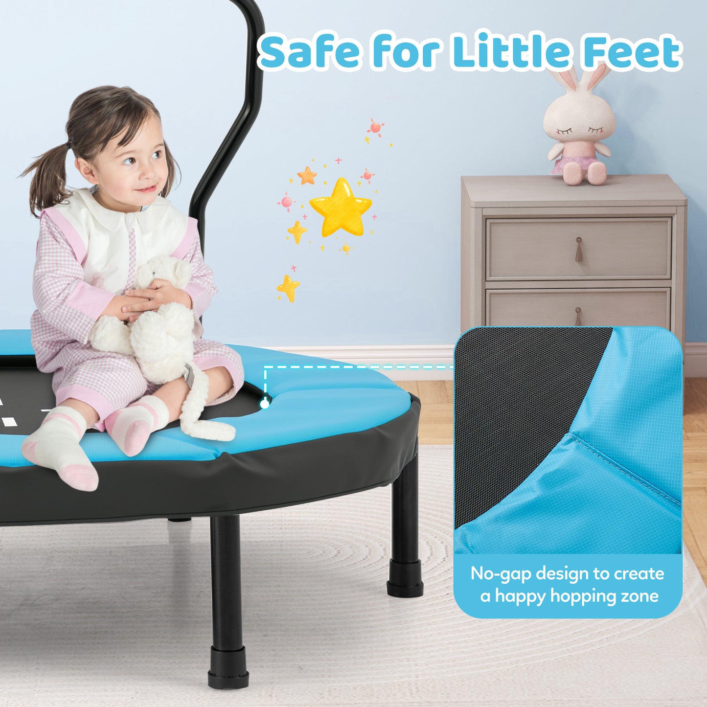 Kids Fitness Trampoline with Foam Handlebar and Safety Pad for 3-6 Years Old Toddlers-Blue