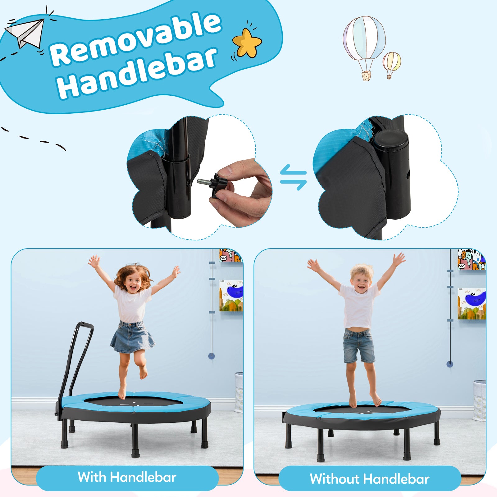 Kids Fitness Trampoline with Foam Handlebar and Safety Pad for 3-6 Years Old Toddlers-Blue