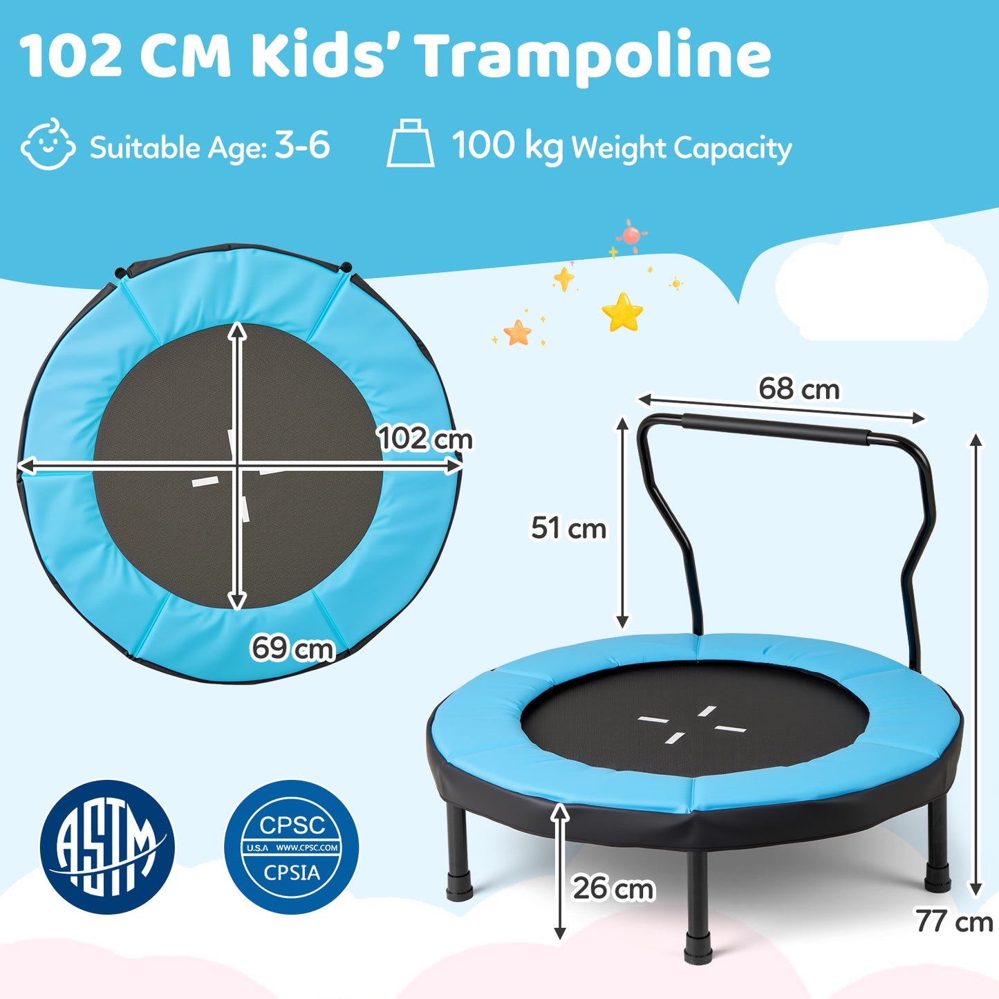 Kids Fitness Trampoline with Foam Handlebar and Safety Pad for 3-6 Years Old Toddlers-Blue
