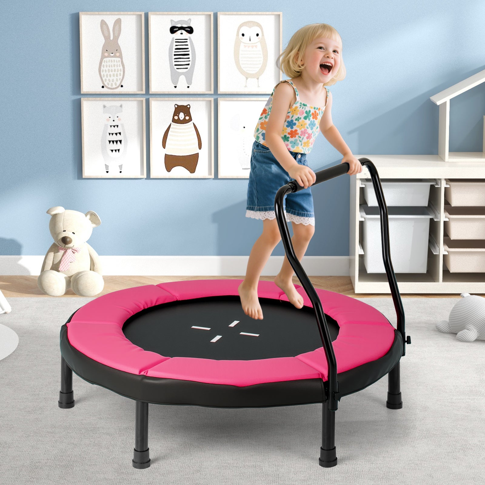 Kids Fitness Trampoline with Foam Handlebar and Safety Pad for 3-6 Years Old Toddlers-Pink