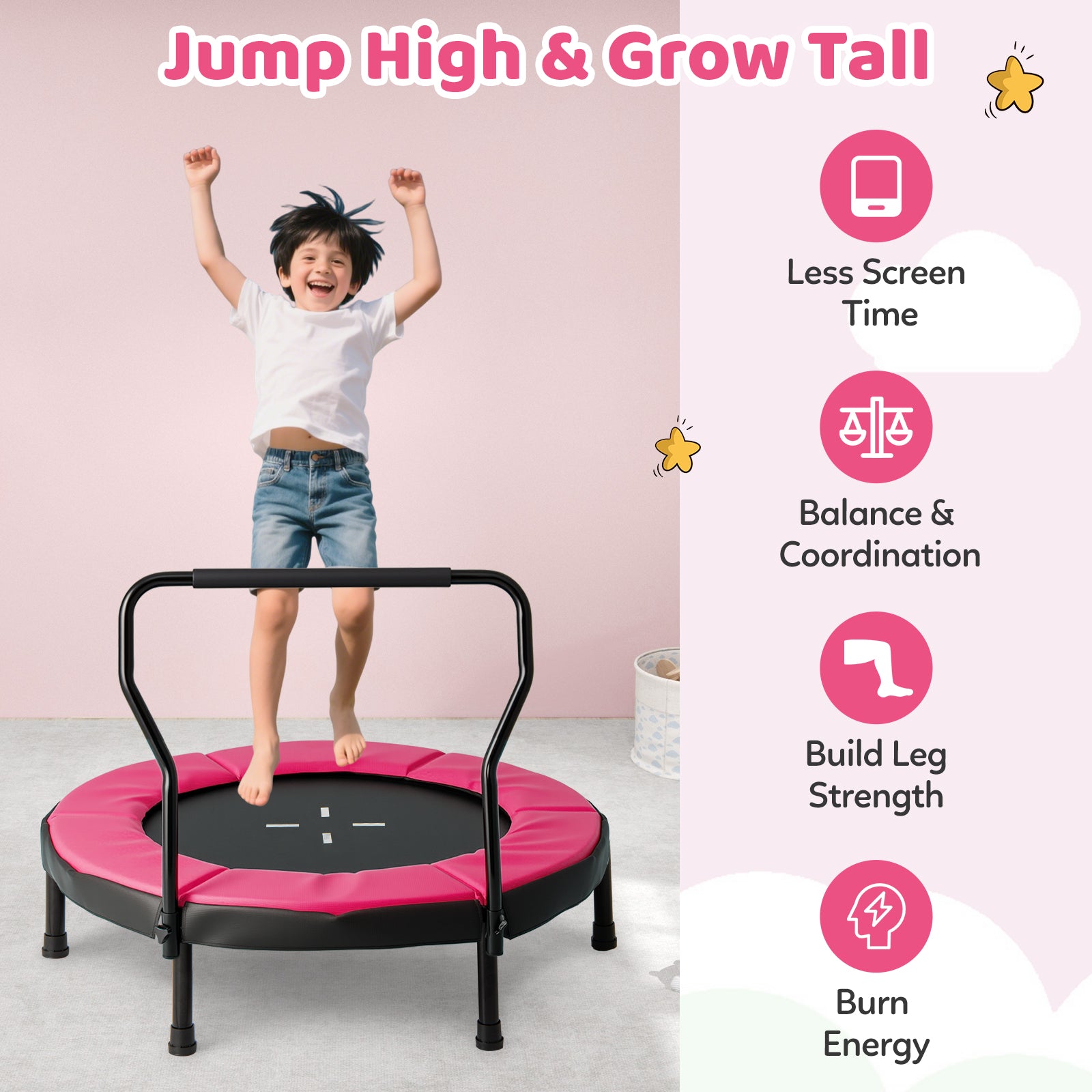 Kids Fitness Trampoline with Foam Handlebar and Safety Pad for 3-6 Years Old Toddlers-Pink