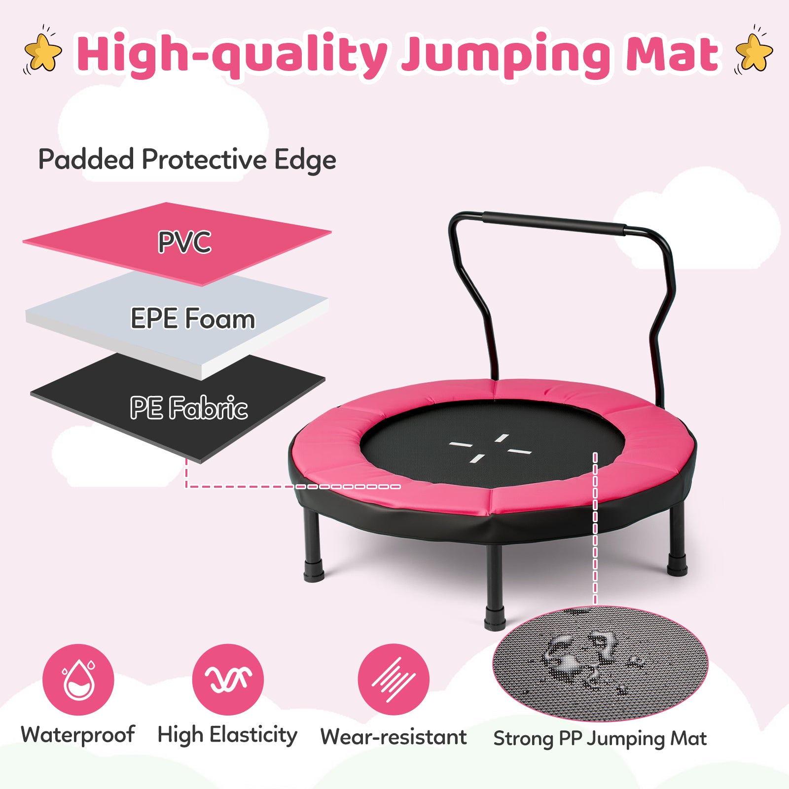 Kids Fitness Trampoline with Foam Handlebar and Safety Pad for 3-6 Years Old Toddlers-Pink