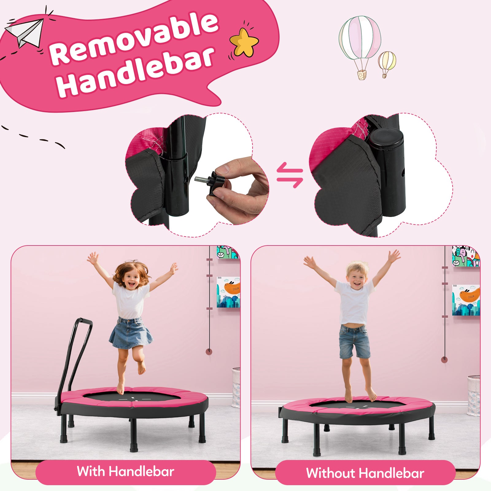 Kids Fitness Trampoline with Foam Handlebar and Safety Pad for 3-6 Years Old Toddlers-Pink