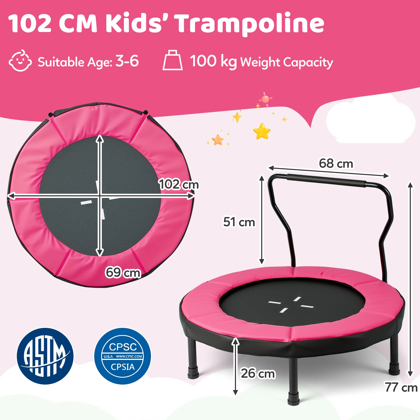 Kids Fitness Trampoline with Foam Handlebar and Safety Pad for 3-6 Years Old Toddlers-Pink