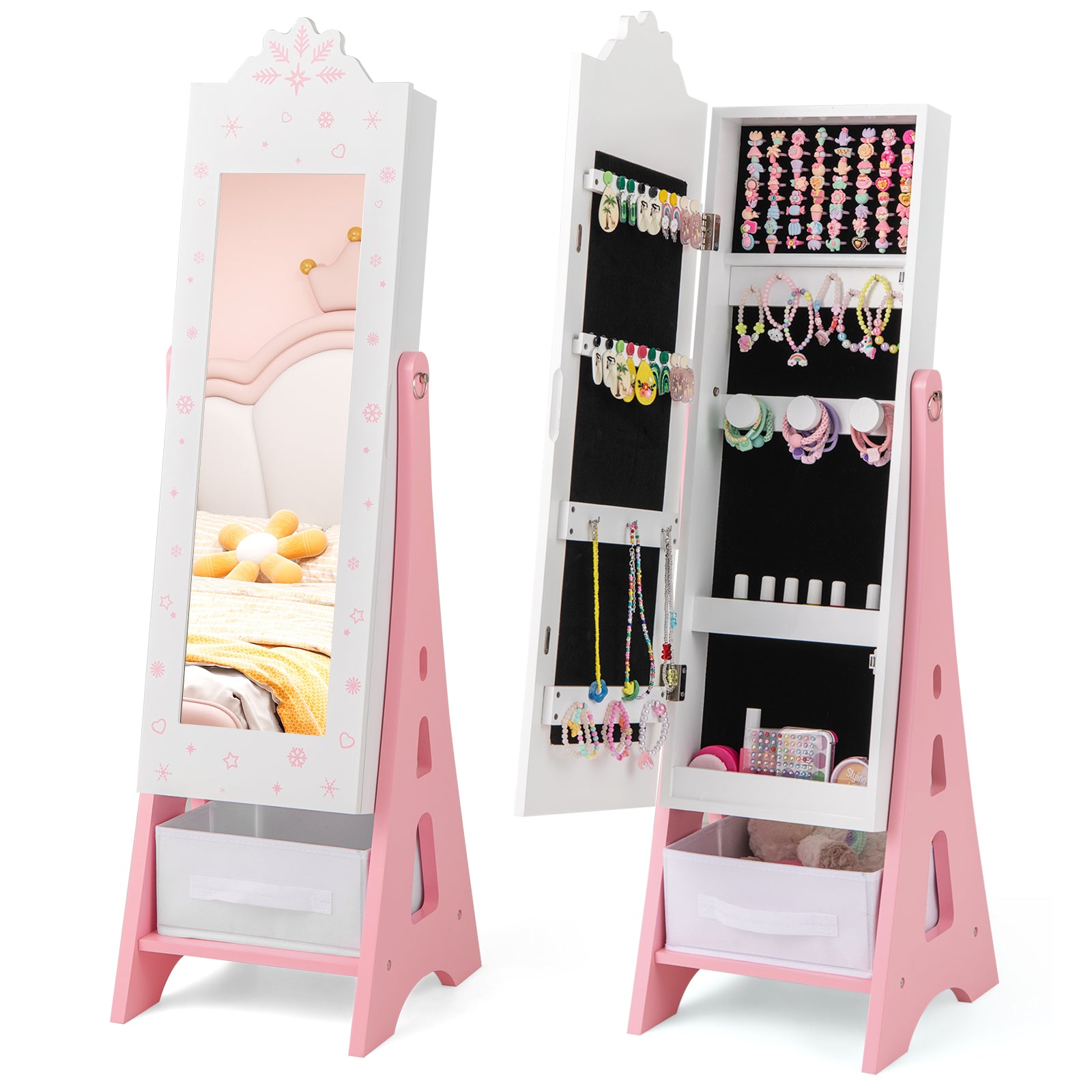 Kids Jewelry Armoire Cabinet Mirror with Storage and 2 Tilt Angles-White