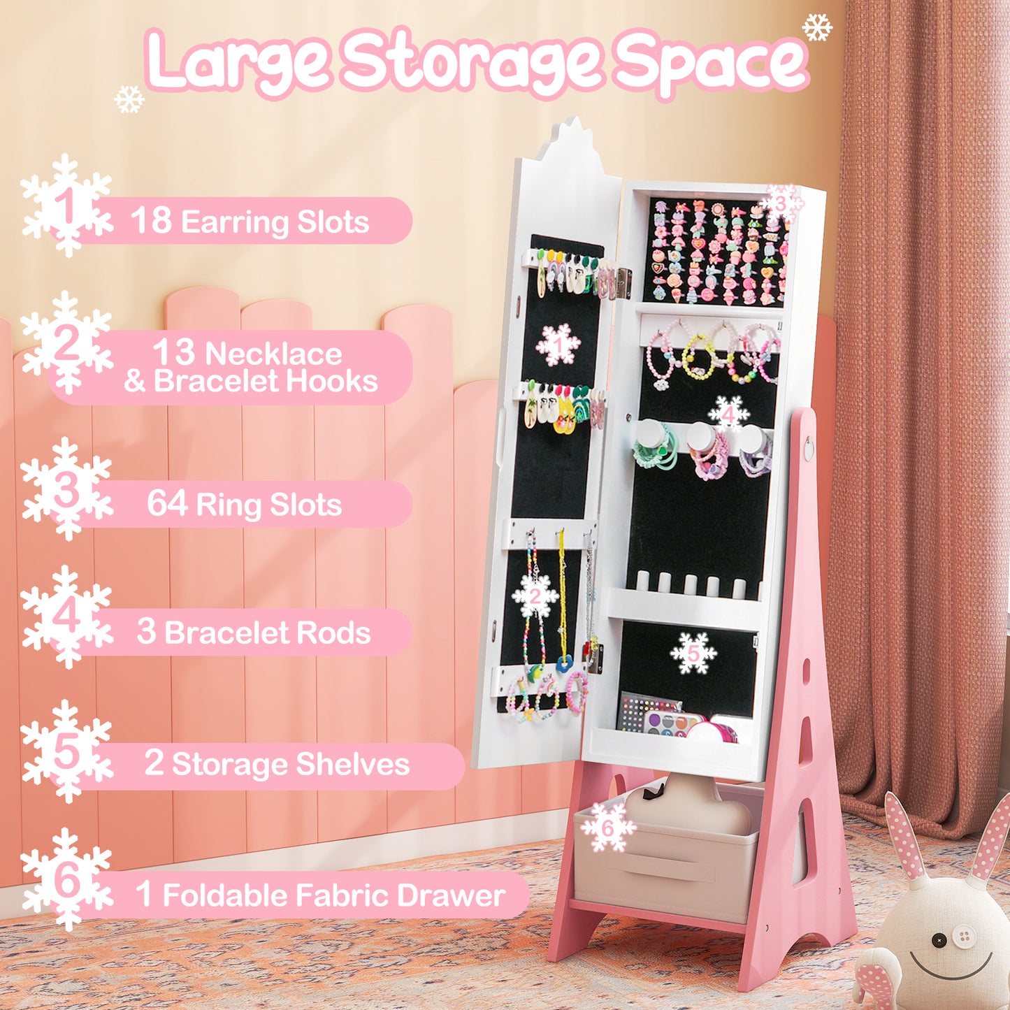 Kids Jewelry Armoire Cabinet Mirror with Storage and 2 Tilt Angles-White