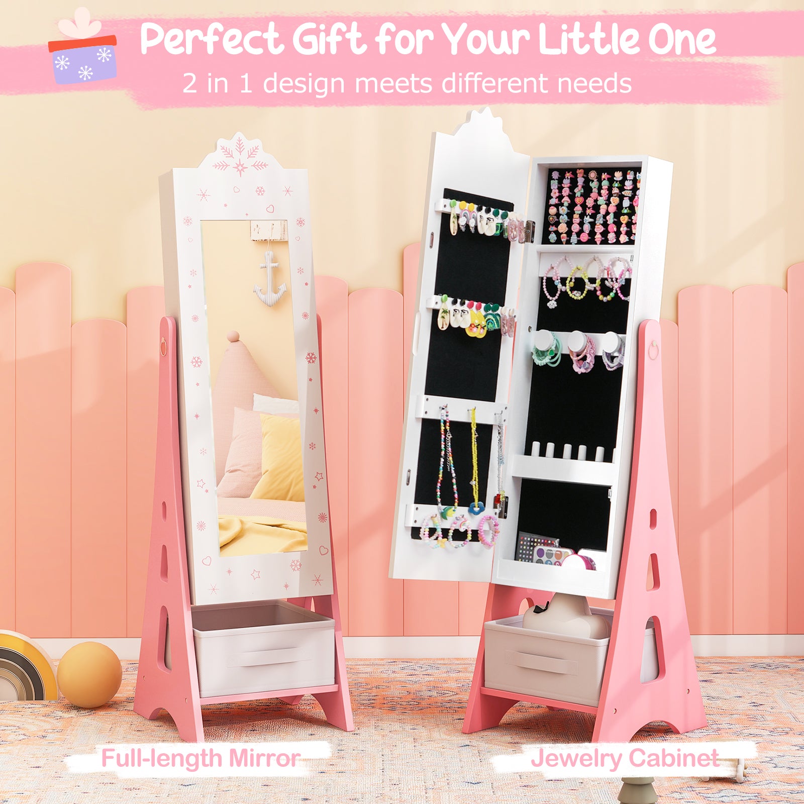 Kids Jewelry Armoire Cabinet Mirror with Storage and 2 Tilt Angles-White