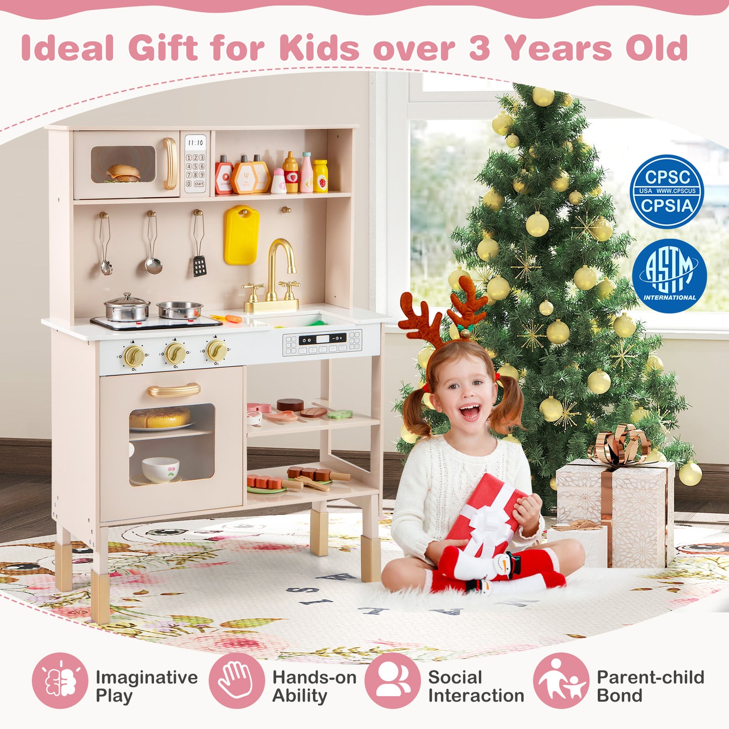 Kids Kitchen Playset Pretend Play Kitchen with Stoves with Sound-Yellow