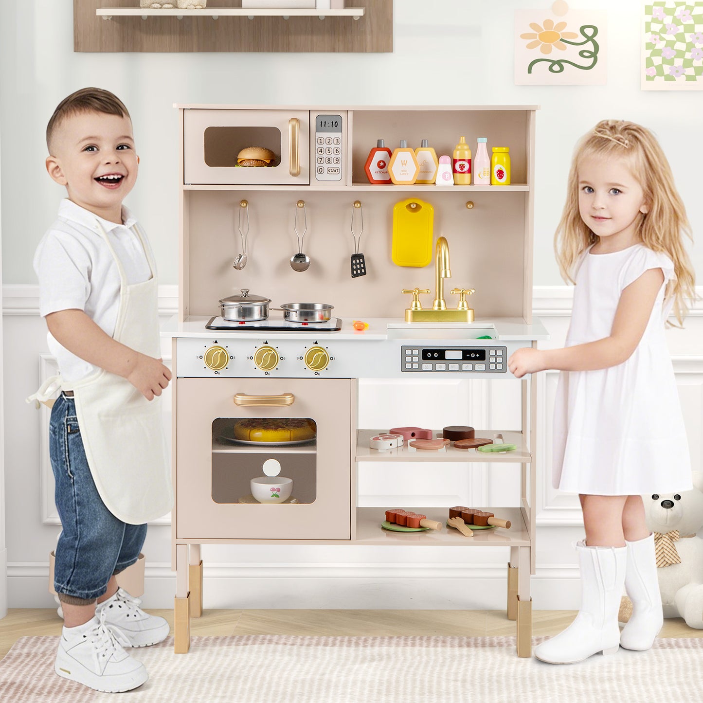 Kids Kitchen Playset Pretend Play Kitchen with Stoves with Sound-Yellow