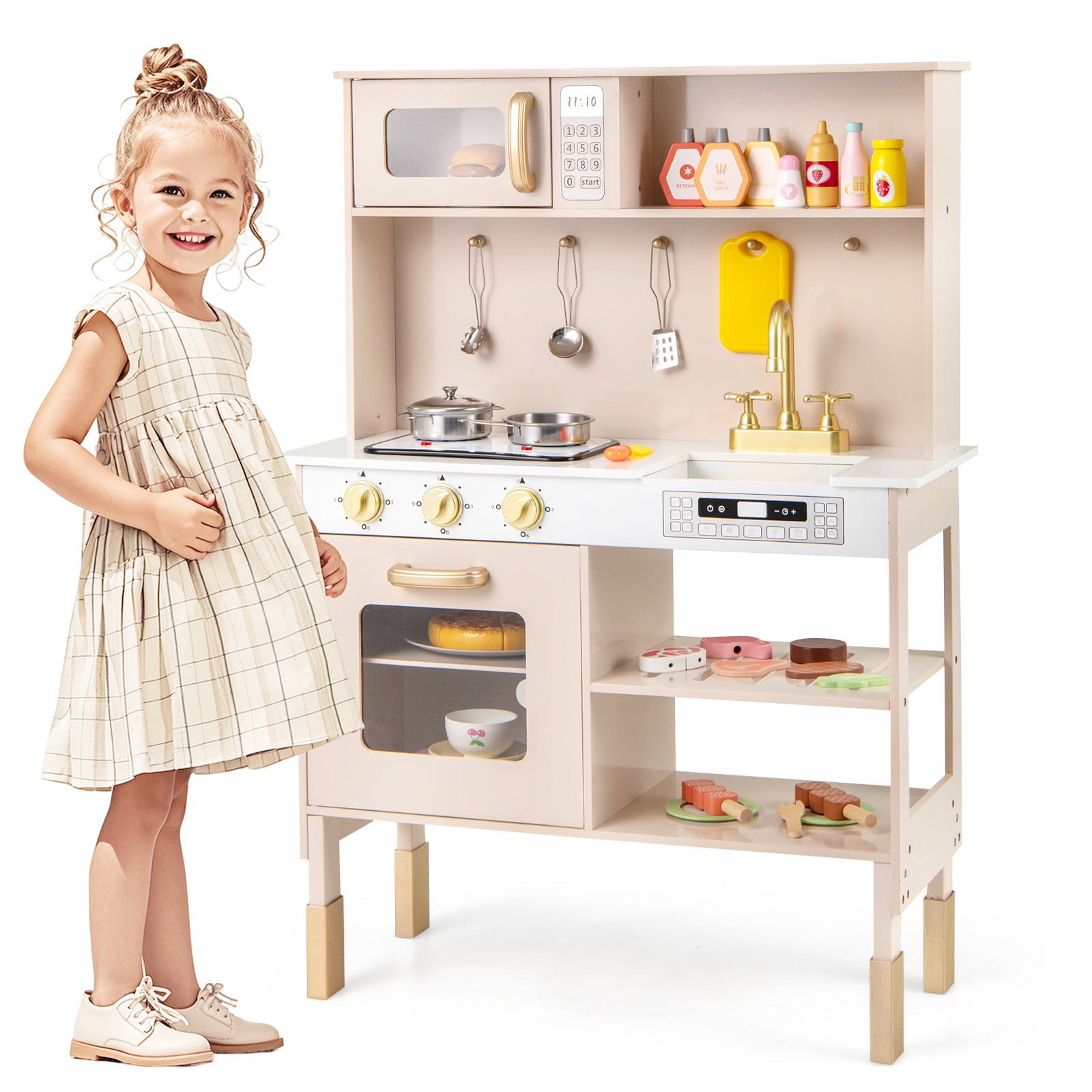 Kids Kitchen Playset Pretend Play Kitchen with Stoves with Sound-Yellow