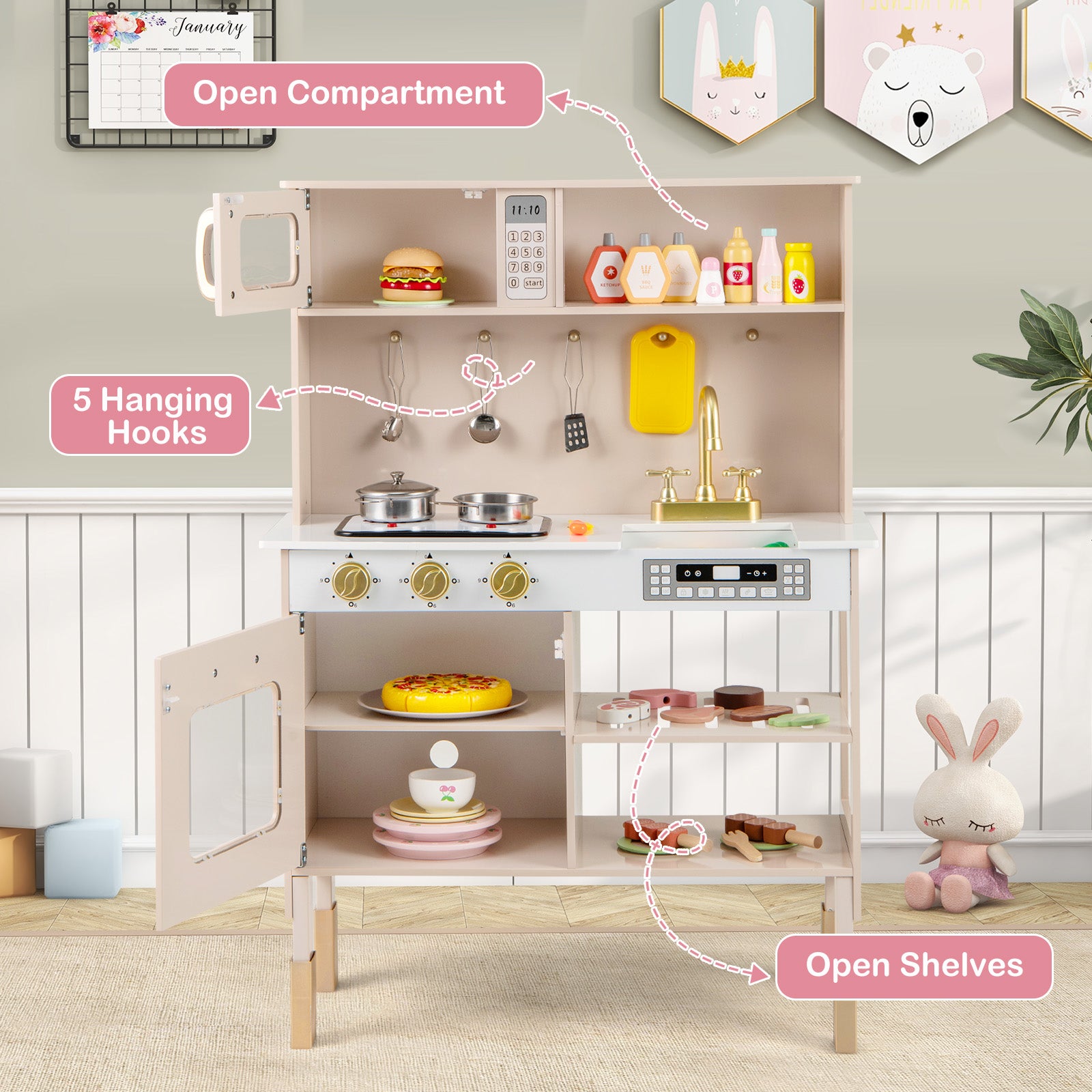 Kids Kitchen Playset Pretend Play Kitchen with Stoves with Sound-Yellow
