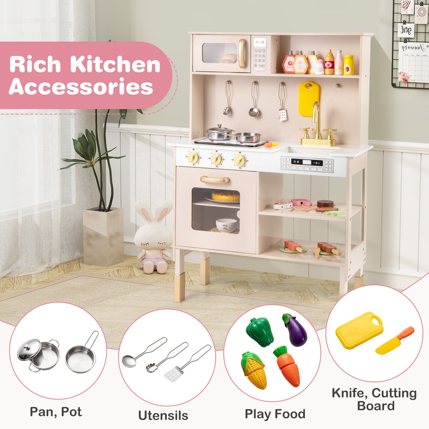 Kids Kitchen Playset Pretend Play Kitchen with Stoves with Sound-Yellow