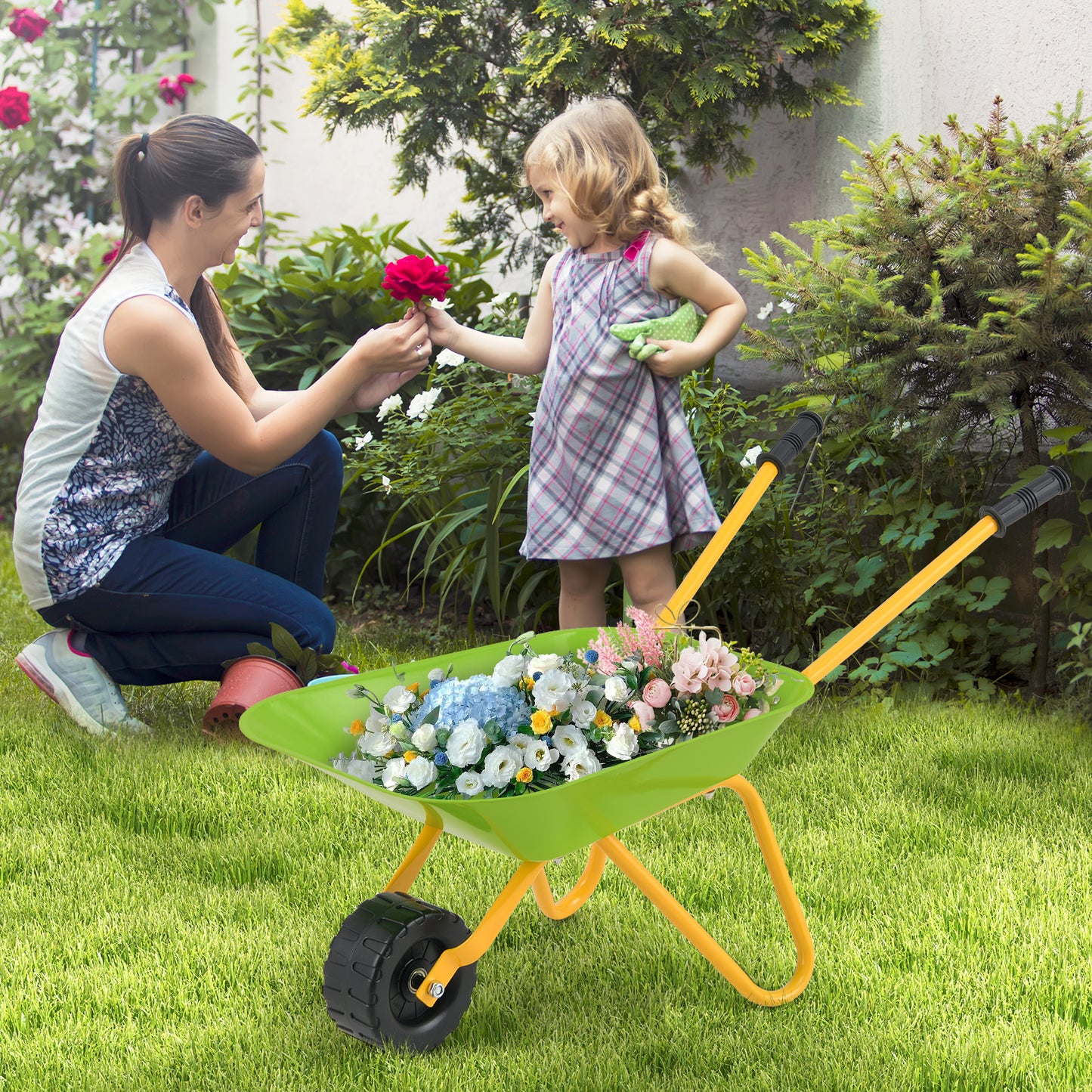 Kids Metal Wheelbarrow with Non-Slip Handle for Toddlers-Light Green
