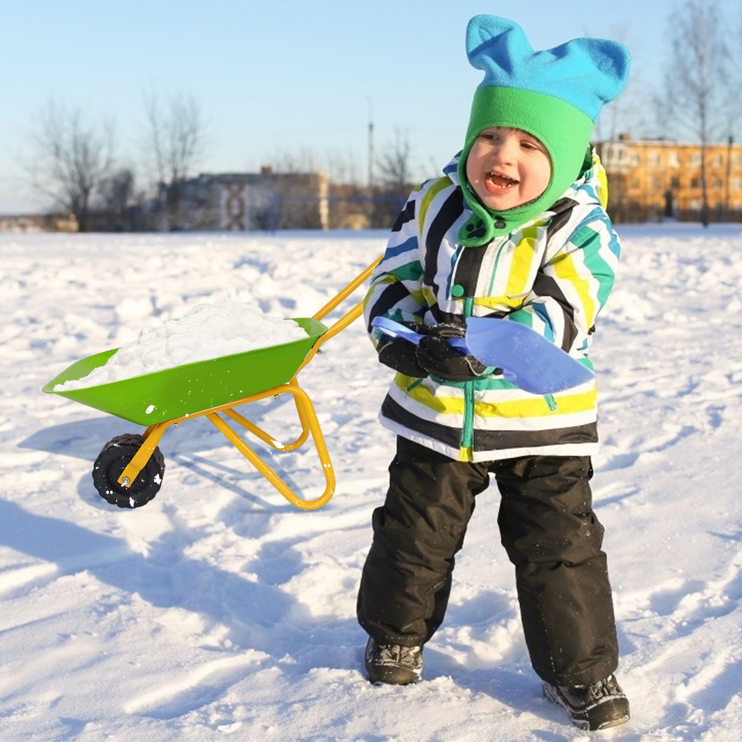 Kids Metal Wheelbarrow with Non-Slip Handle for Toddlers-Light Green