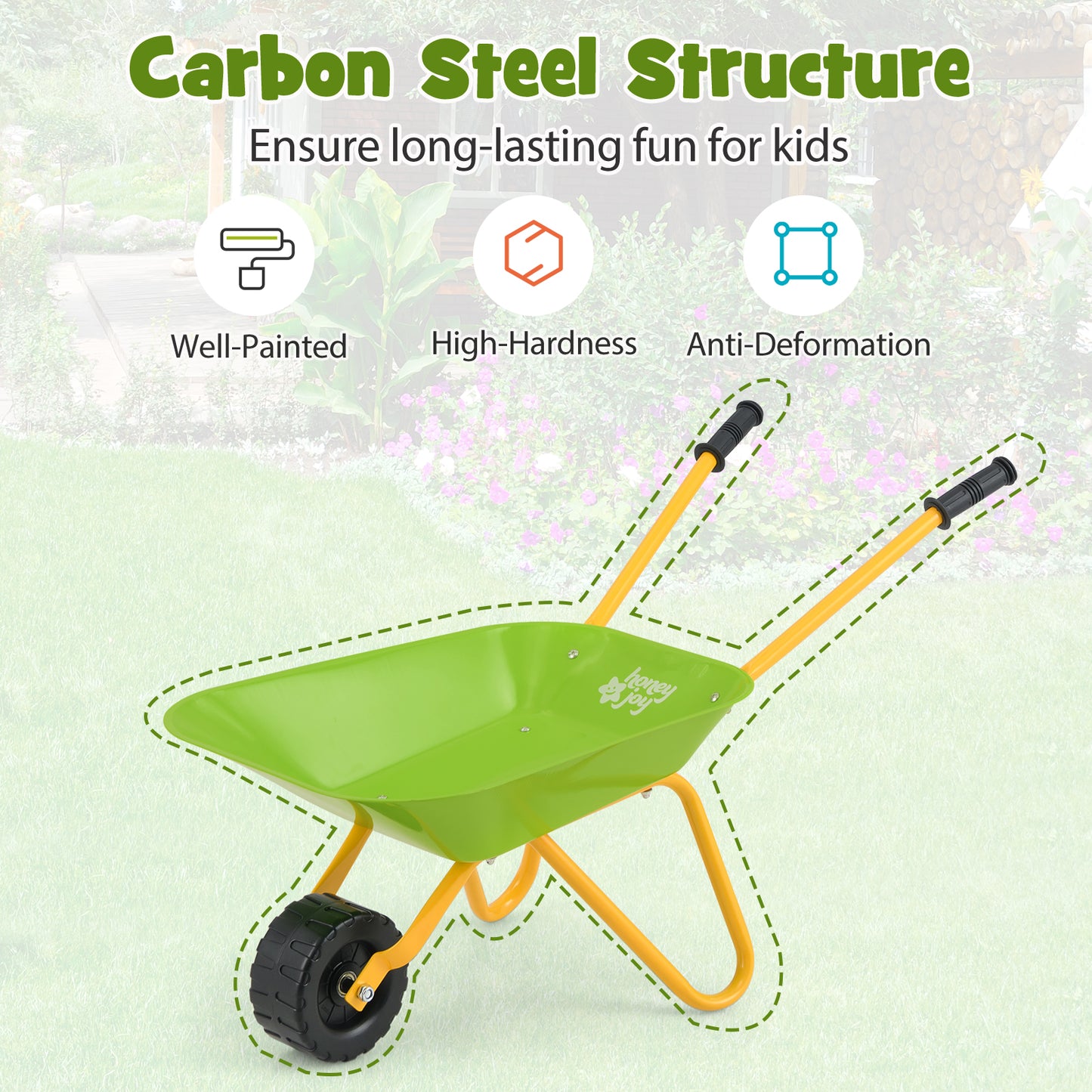 Kids Metal Wheelbarrow with Non-Slip Handle for Toddlers-Light Green