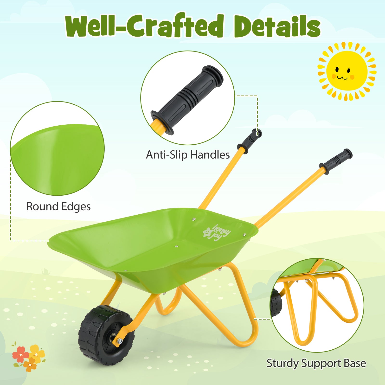 Kids Metal Wheelbarrow with Non-Slip Handle for Toddlers-Light Green