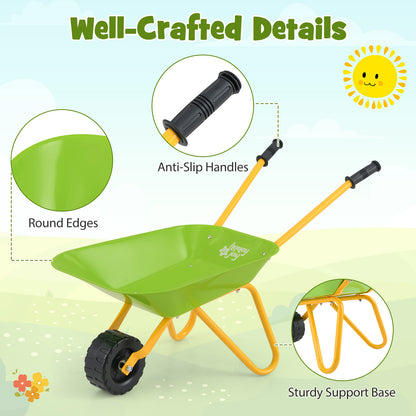 Kids Metal Wheelbarrow with Non-Slip Handle for Toddlers-Light Green