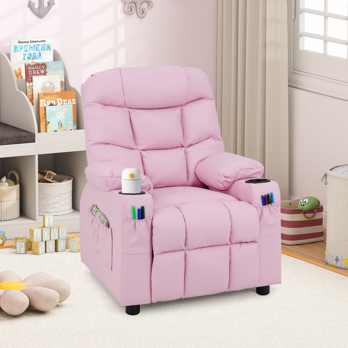 Kids PU Leather Recliner with Cup Holder and Footrest-Pink