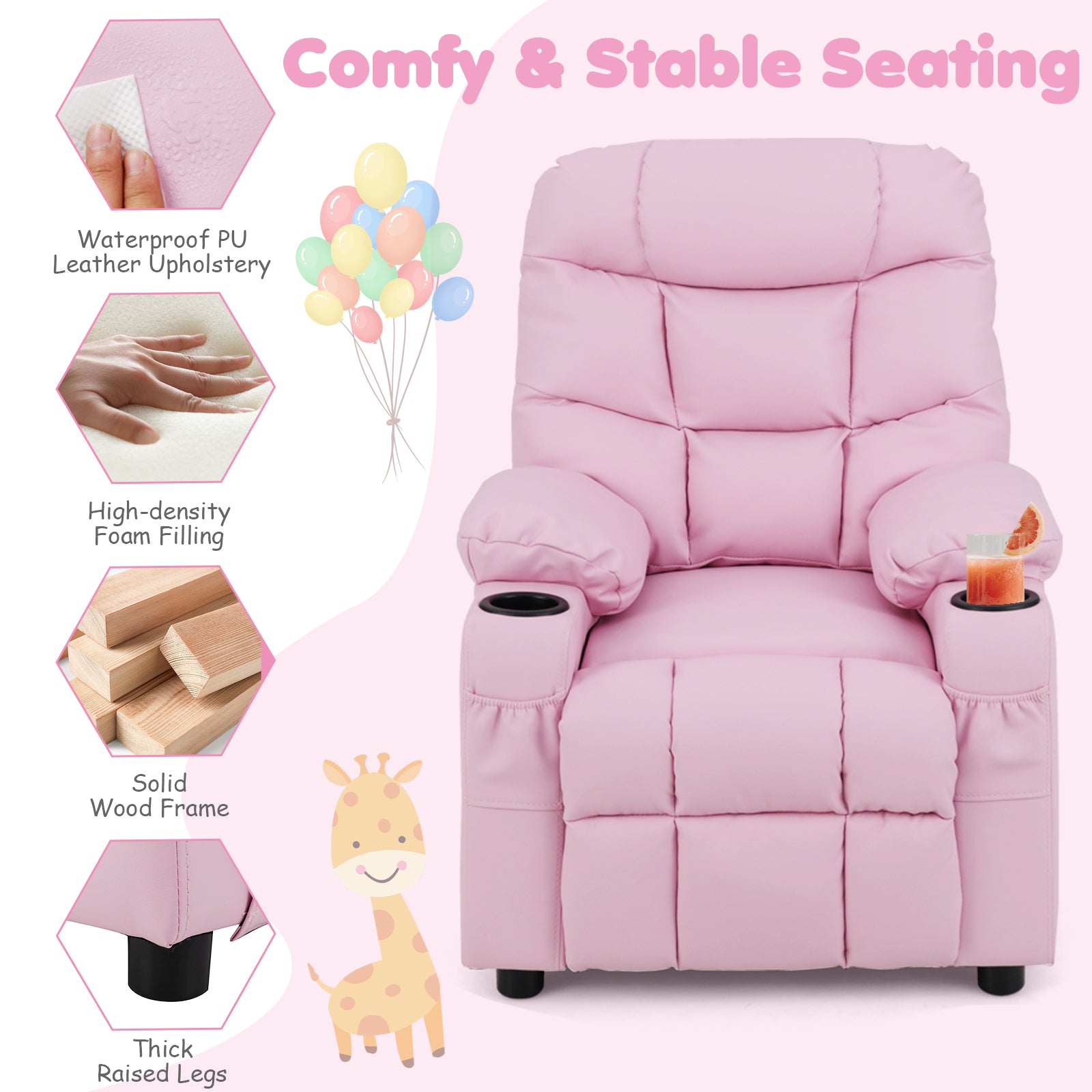 Kids PU Leather Recliner with Cup Holder and Footrest-Pink