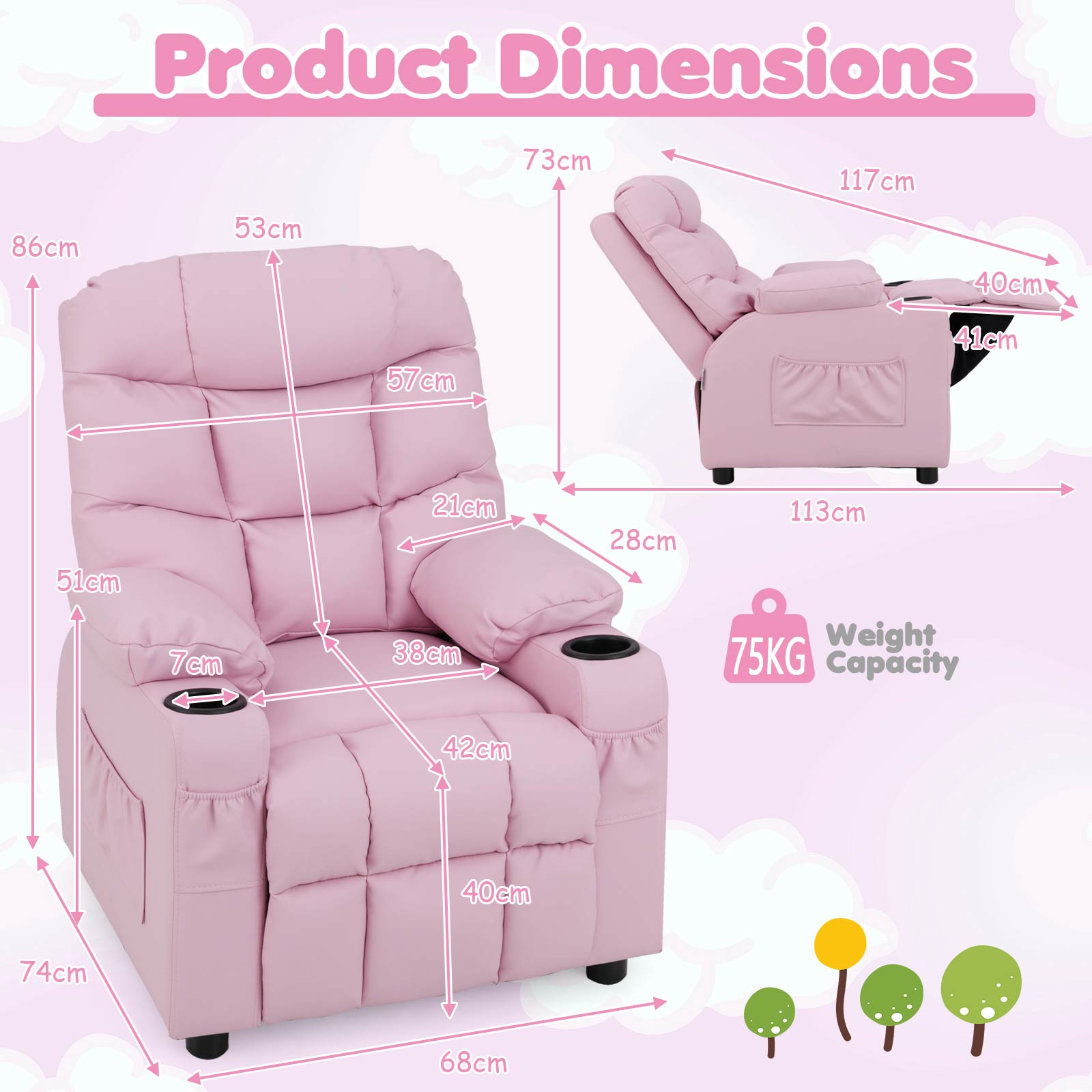 Kids PU Leather Recliner with Cup Holder and Footrest-Pink