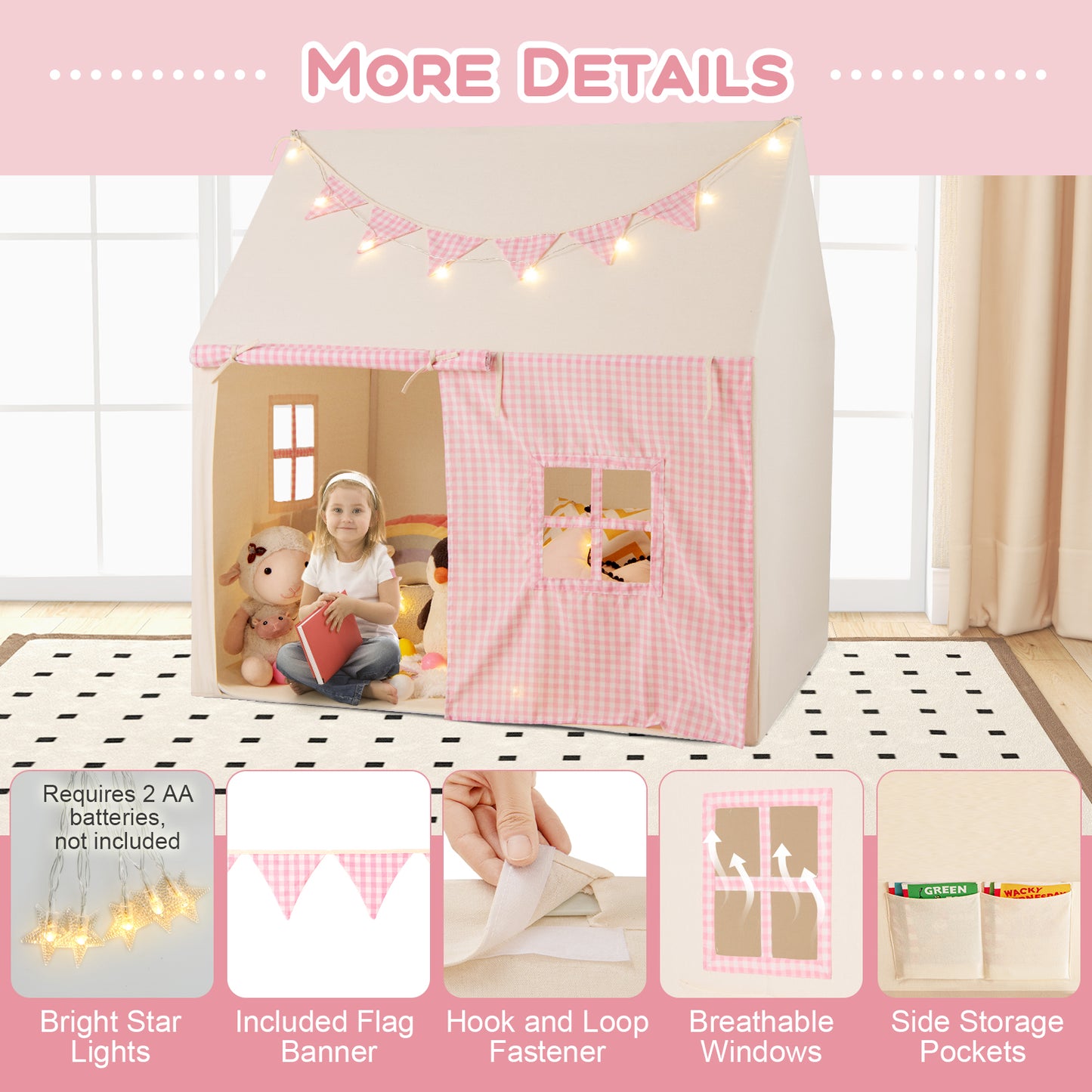 Kids Play Tent Large Playhouse with Padded Mat and 2 Storage Pockets-Pink