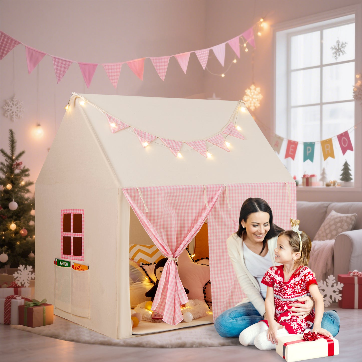 Kids Play Tent Large Playhouse with Padded Mat and 2 Storage Pockets-Pink