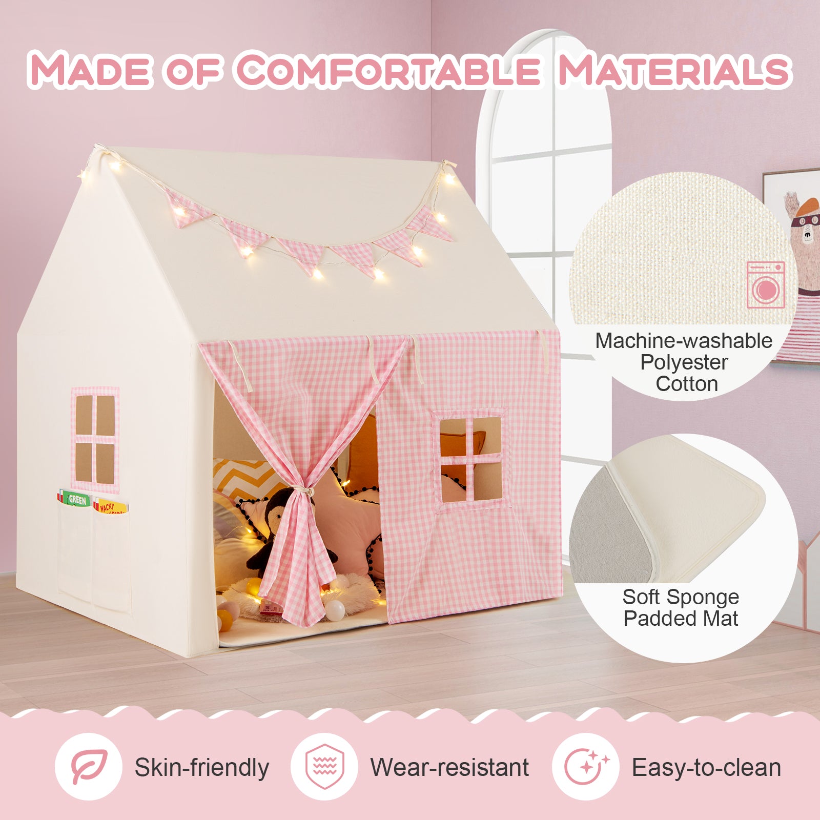 Kids Play Tent Large Playhouse with Padded Mat and 2 Storage Pockets-Pink