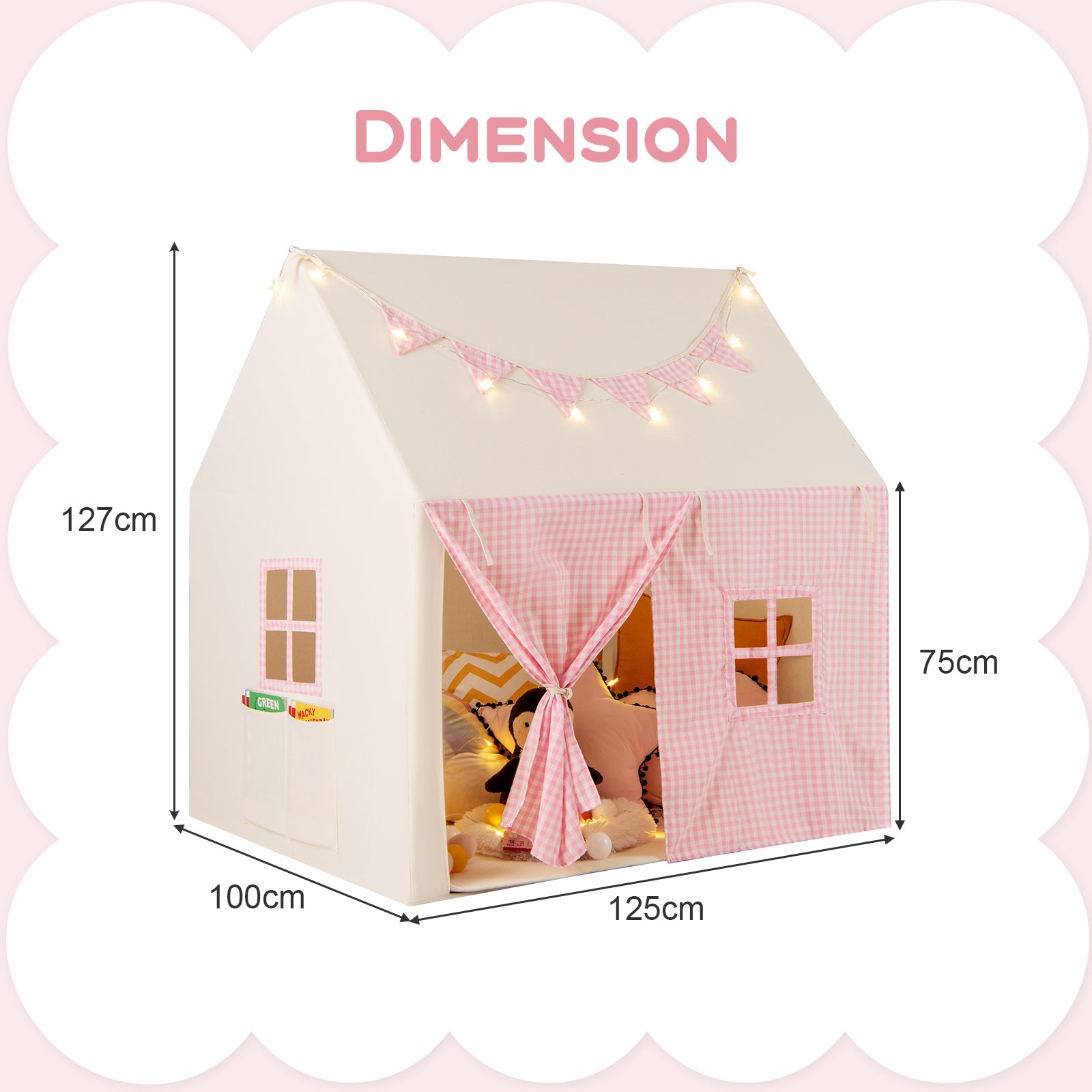 Kids Play Tent Large Playhouse with Padded Mat and 2 Storage Pockets-Pink