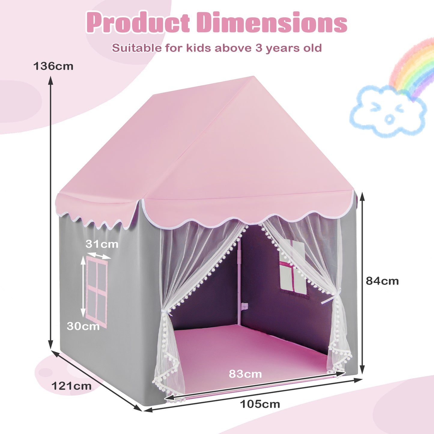 Kids Playhouse Tent with Washable Mat for Boys &amp; Girls-Pink