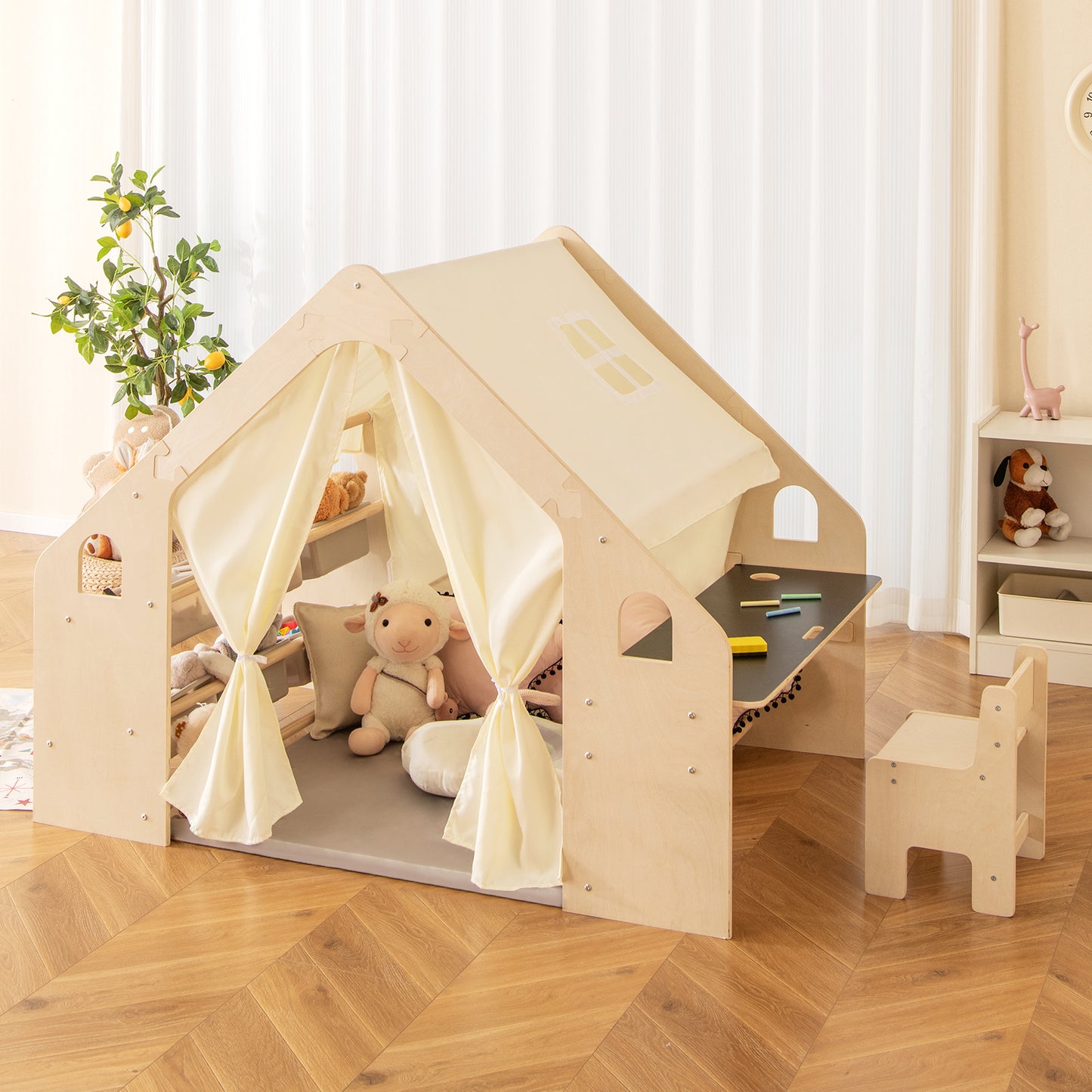 6-in-1 Kids Playhouse Wooden Indoor Play Tent with Blackboard and 6 Storage Bins & Floor Cushion-Beige