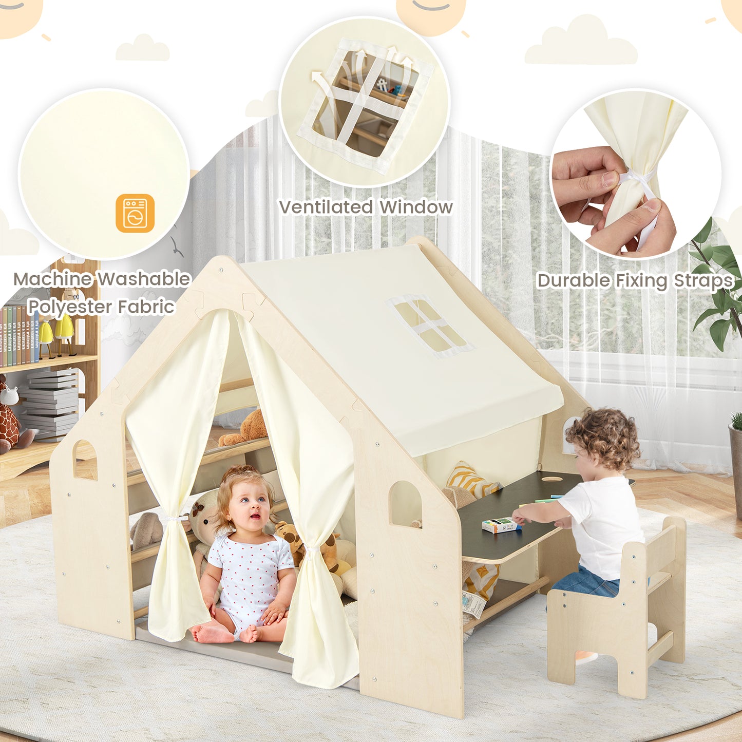 6-in-1 Kids Playhouse Wooden Indoor Play Tent with Blackboard and 6 Storage Bins & Floor Cushion-Beige