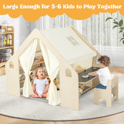 6-in-1 Kids Playhouse Wooden Indoor Play Tent with Blackboard and 6 Storage Bins & Floor Cushion-Beige