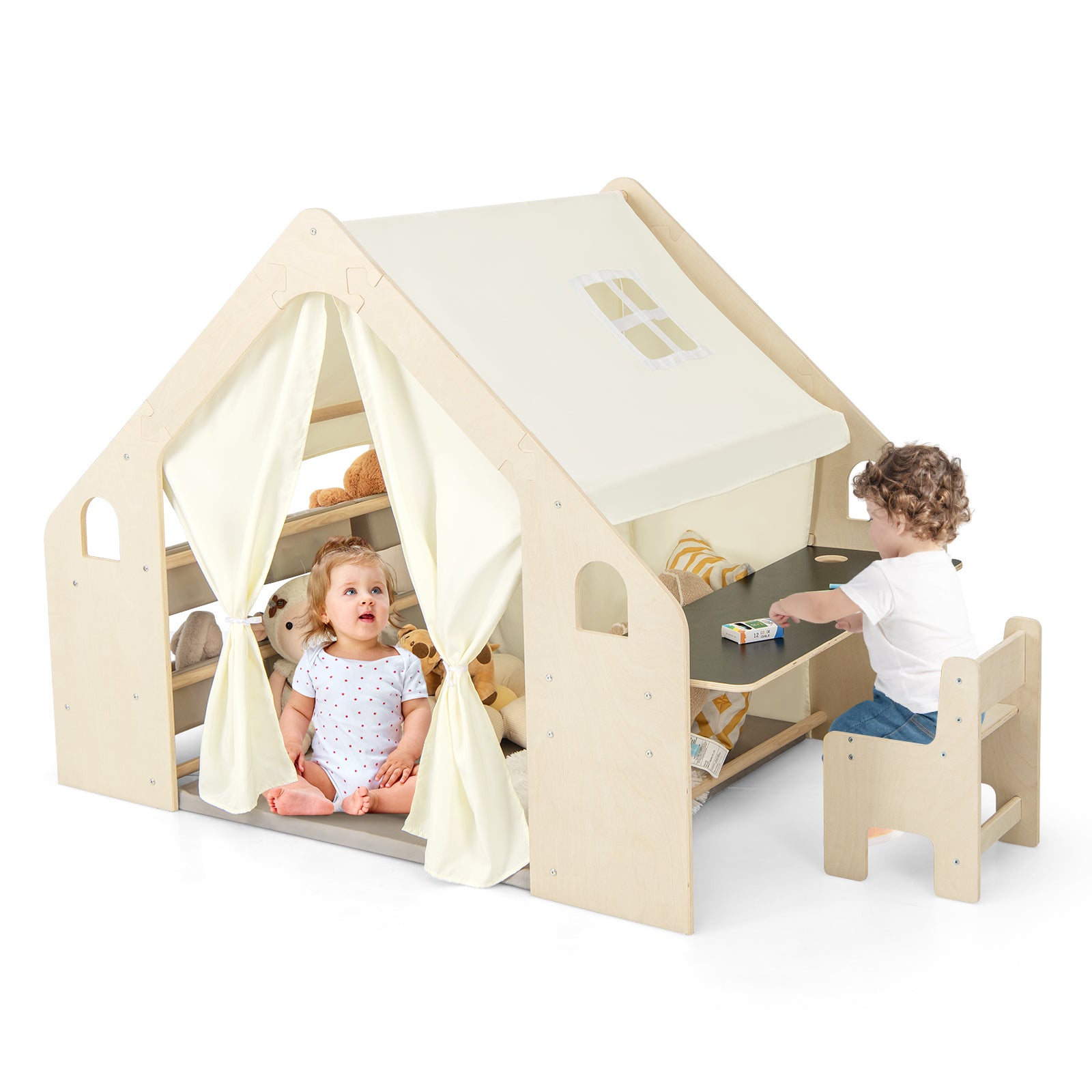 6-in-1 Kids Playhouse Wooden Indoor Play Tent with Blackboard and 6 Storage Bins & Floor Cushion-Beige